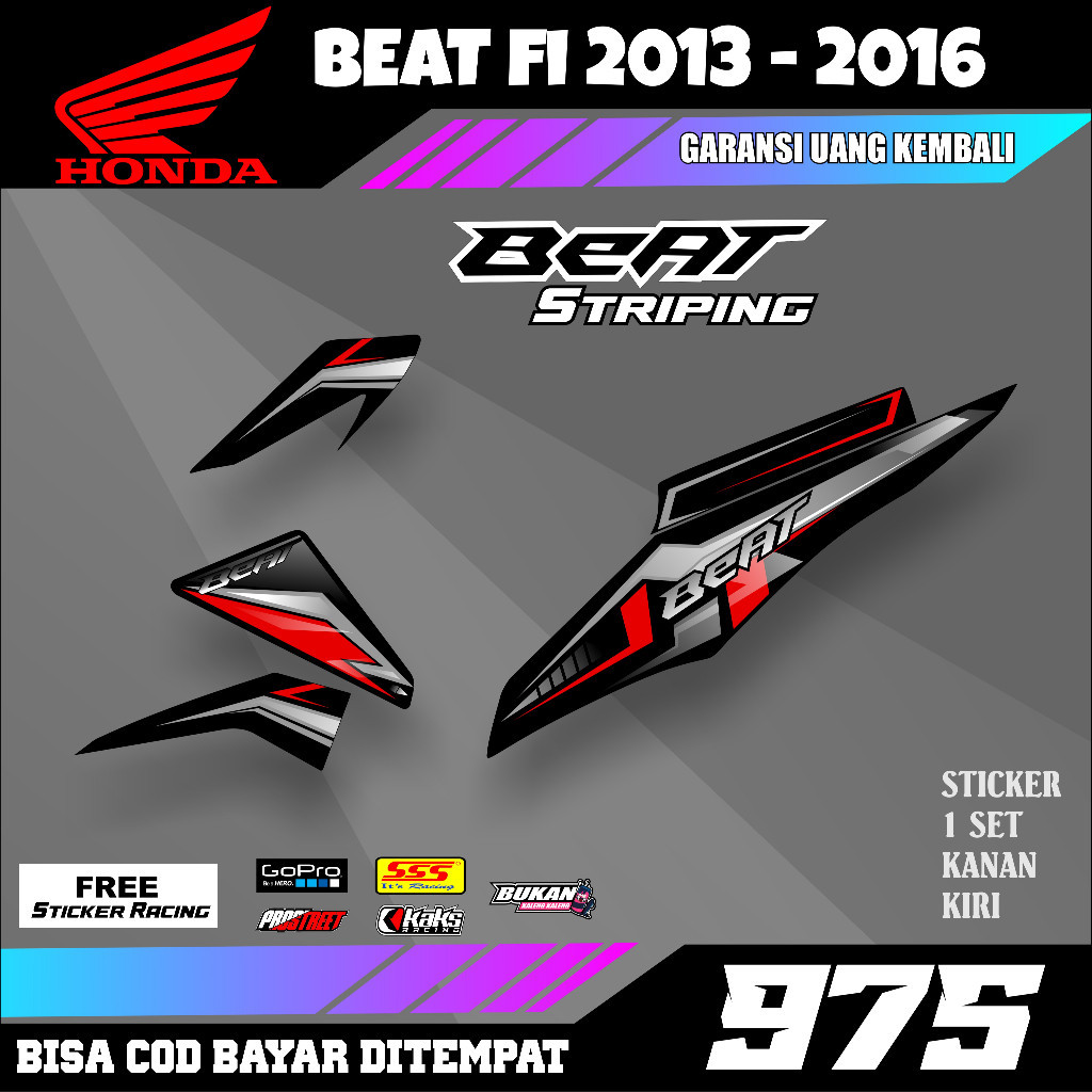 Striping Beat Fi 2012 2013 2014 2015 2016 (M975) Motif Simpel Terlaris Setriping setiker stiker moto