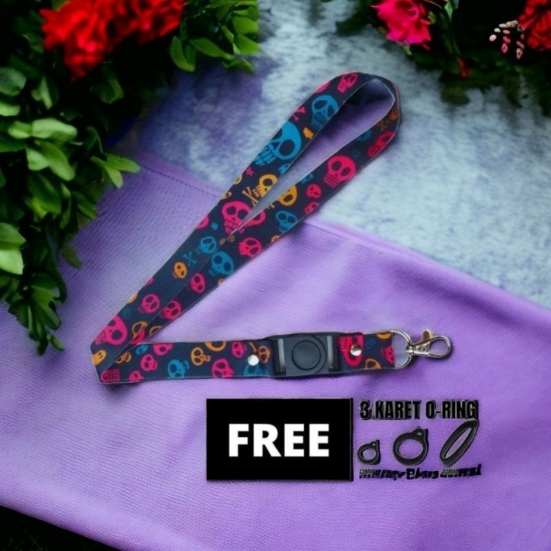 

Lanyard Gantungan Bonus 3 Karet Motif TENGKORAK PINK Full Print Bolak Balik
