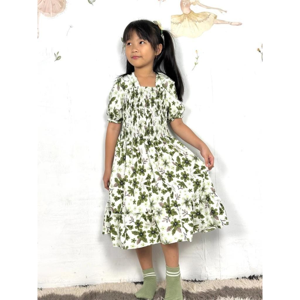 Weijia Fashion Baju Dress Anak Terbaru Motif bunga / Smocked Dress Anak Perempuan Floral / Dres  Cas
