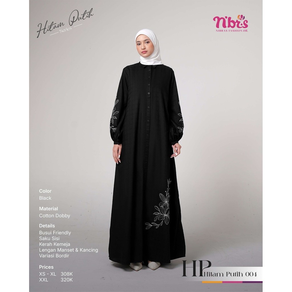 Nibras HP 004 Broken White Black Cotton Dobby Gamis Bordir Terbaru Mewah ORIGINAL LANGSUNG KIRIM