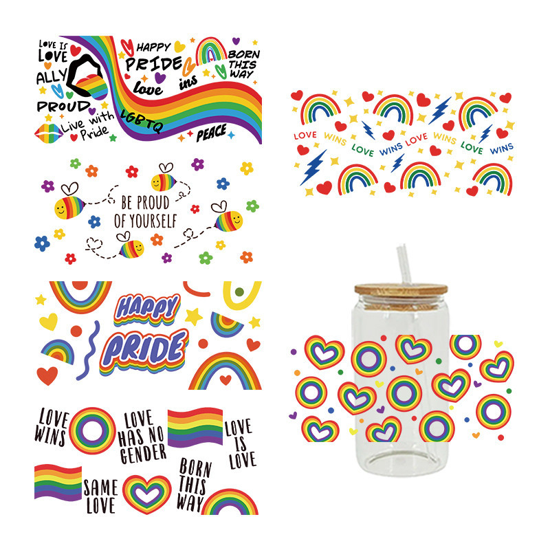 

UVDTF Transfer Sticker Rainbow Theme For The 16oz Libbey Glasses Wraps Cup Can DIY Waterproof Easy To Use Custom Decals D7302