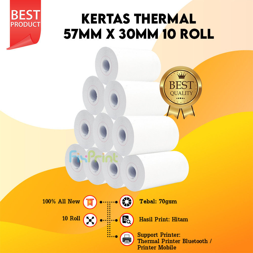 

Kertas Struk Kasir Thermal Ukuran 57x30mm / 57 x 30 / 57x30 mm Coreless 15 10 5 Roll Tanpa Core