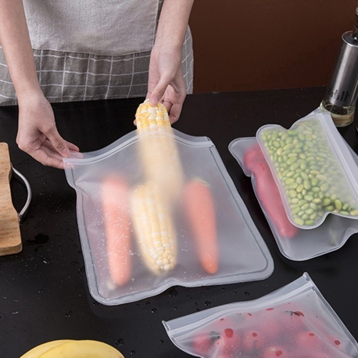Kantong Sealer Silikon PEVA Non Toxic Food Grade Penyimpanan Makanan Kedap Udara Zipper Pouch Reusable ziplock silicone food bag kantung kedap udara M L XL 21,5CM 26 x 20 CM 27 x 28 CM