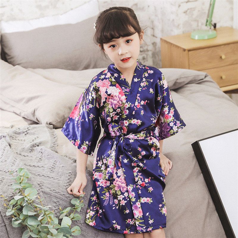 Girls Kimono Yukata Japanese Traditional Style Silk Floral Pajamas Bathrobe Kids Summer Asian Leisur