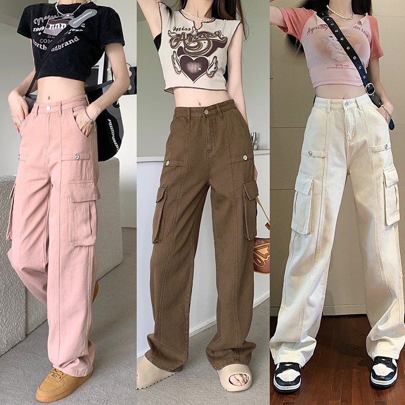 YI85K COD celana jeans wanita high waist jeans Straight Pant baju wanita kekinian Cargo