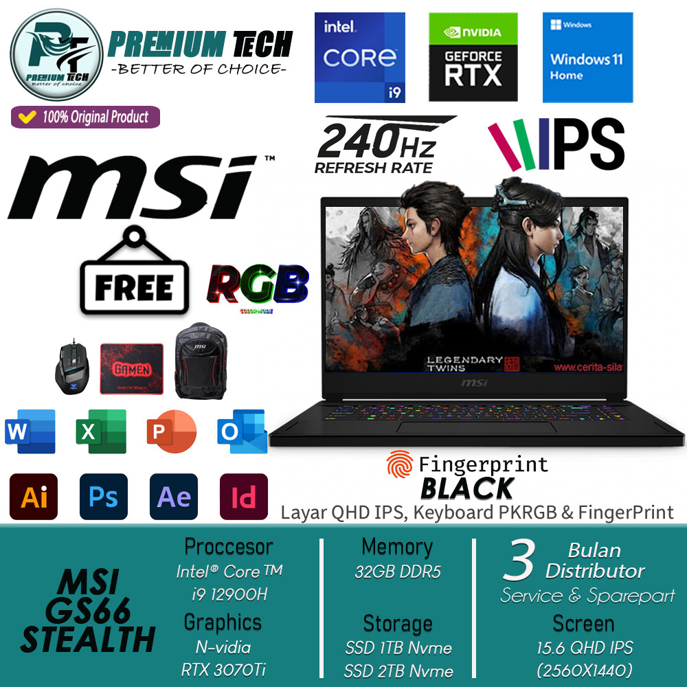 Laptop Gaming MSI GS66 Stealth Intel i9 12900H 32GB 2TB SSD RTX3070TI 8GB QHD IPS 240Hz PKRGB FPrint