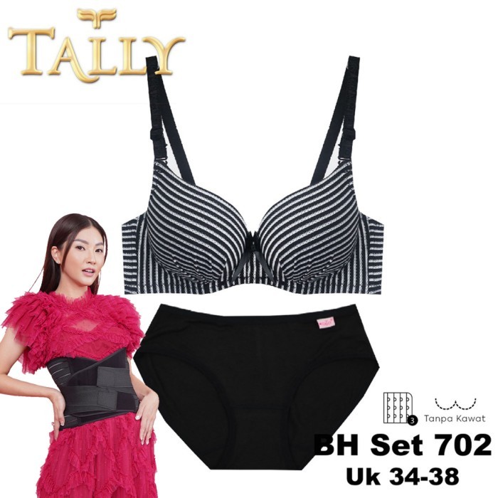 Bra Set Busa Tipis Tanpa Kawat Katun Cup B Kait 3 TALLY BH 702+C1227 L - BH702+C1227 L, 38 (Hitam)