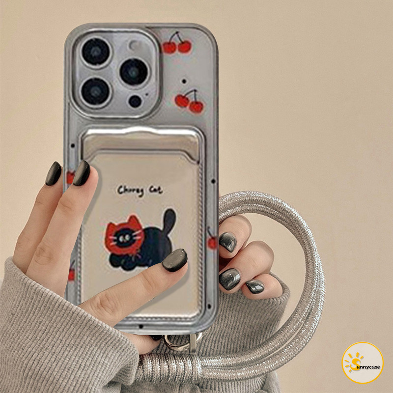 Casing Tempat Kartu Kredit Kitten Cherry Silver Kompatibel untuk iPhone XR 7Plus 15 11 12 Pro Max 13