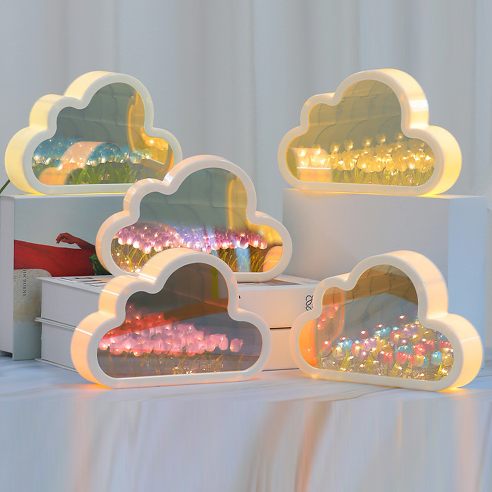 Diy Cloud Tulip Night Light Handmade Led Mirror Lamp Home Desktop Decoration 2 In1 Tulips Flowers Mi