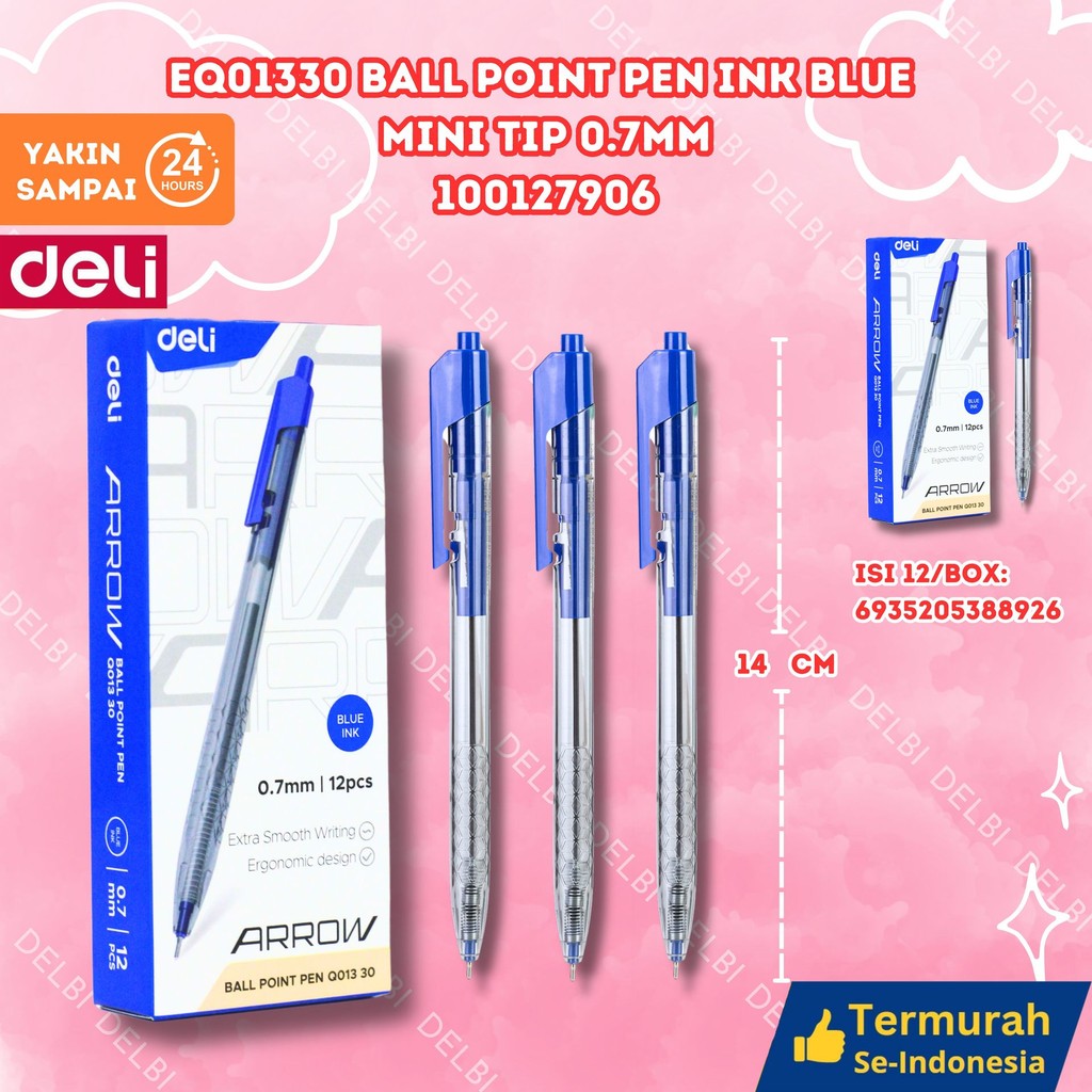 

Deli Q013 Arrow Retractable Ballpoint Pen Pulpen Cetek Halus 0.7 mm - / Blue / [1 Pack / 12 Pcs] EQ01330 Ball Point Pen Ink Blue Mini tip 0.7mm