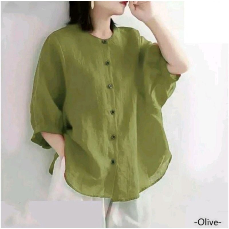 Blouse Wanita Linen Leher Shanghai Jumbo Kemeja Wanita Premium Kerah Shanghai/Terbaru