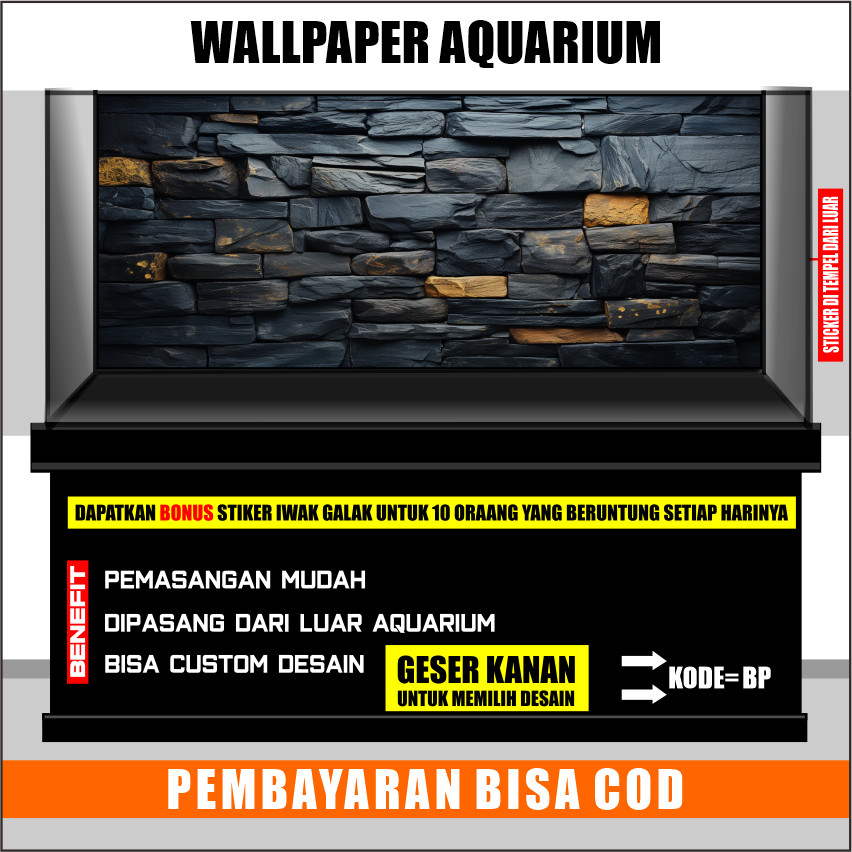 stiker background aquarium 3d timbul custome jumbo kaca akrilik besar full set rock batu bp