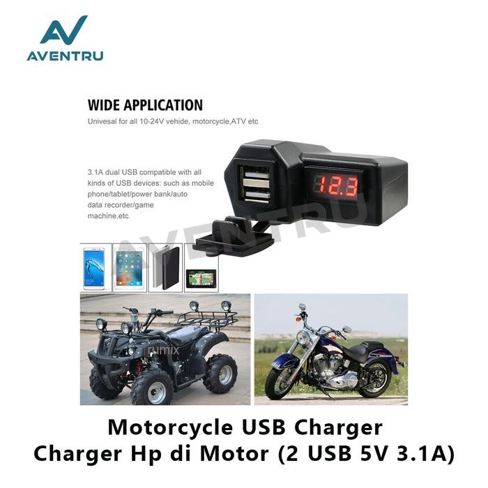 Motorcycle Digital Voltmeter Phone Charger Motor Cas HP Motor 2 USB - With Display