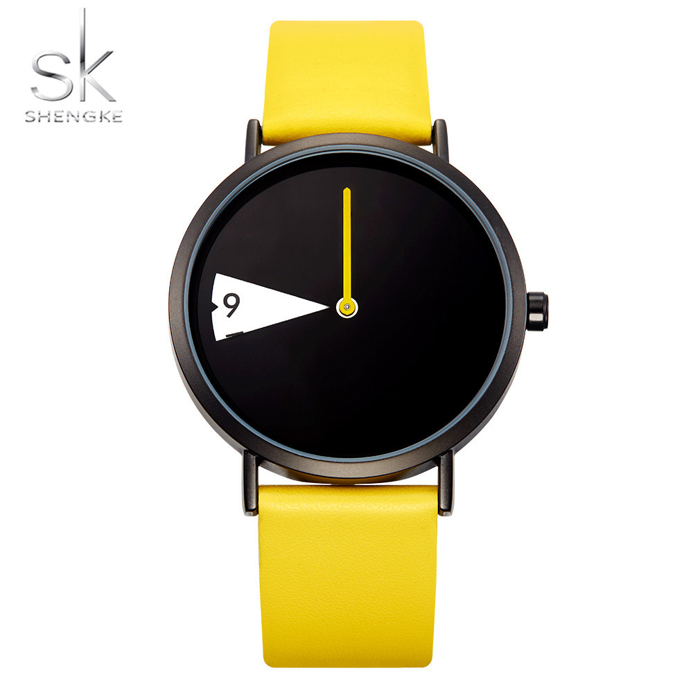 Shengke Hot Women Watch Creative Wristwatch Ladies Watch Rotate Yellow Leather Band Wristwatches Clo