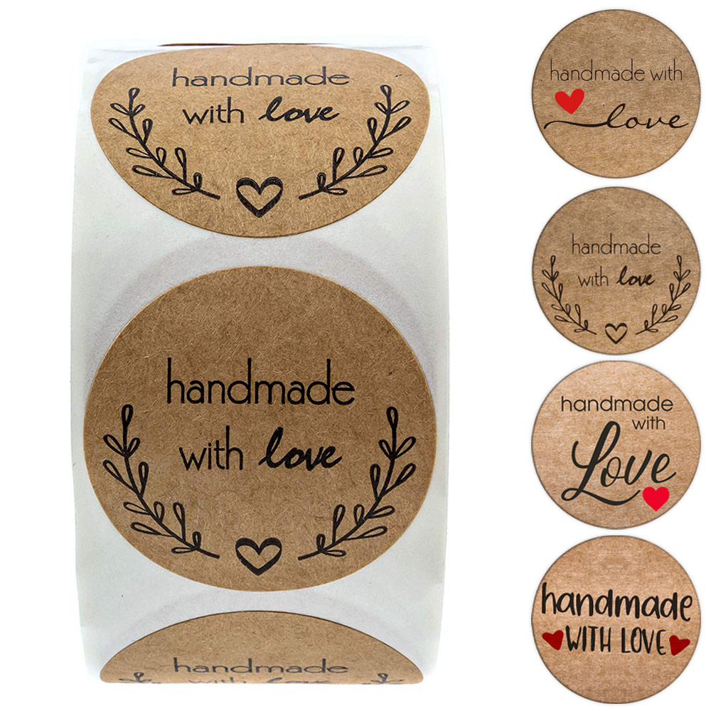 

100-500pcs 1inch Vintage Kraft Paper Handmade With Love Stickers for Package Thank You Stationery Adhesive Labels Baking Seals