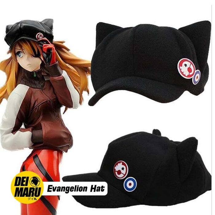 Topi Cosplay Asuka Langley Evangelion Anime Hitam