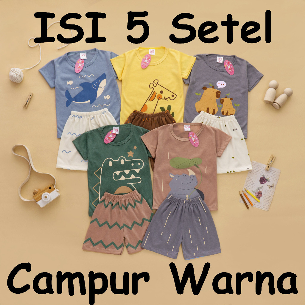 BJ38ED (ISI 5 SETEL) Setelan Anak Bayi Laki Laki Outline Cartoon Series/ Baju Bayi Laki Laki / Baju 