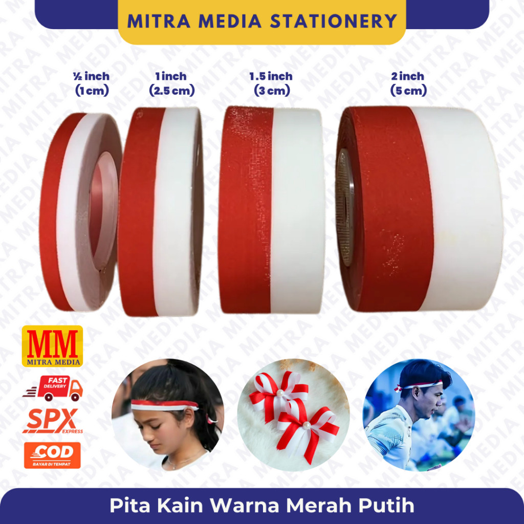 

PROMO !!!! Pita Kain Merah Putih / Pita Bendera / Pita Satin - 1/2 inch/ 1 inch/ 2.5 cm/ 1 cm