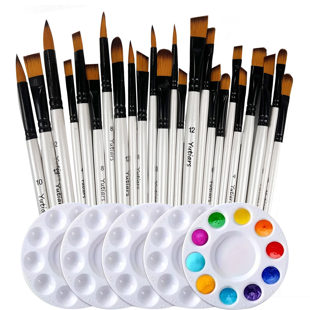 

A Set of Brushes And Palettes: 24 Nylon Artist Brushes, Accompanied by 5 Round Palettes, Suitable for Acrylics, Watercolors.