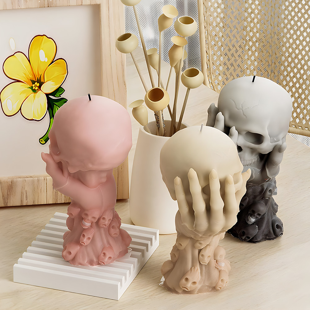 

Halloween Skull Candle Silicone Mold Set, 1 Piece Handheld Skull Resin Casting Mold, DIY Plaster Handmade Artwork Making Tools