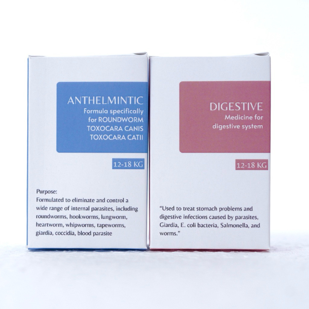 

sepaket obat cacing dan obat pencernaan untuk berat 12-18kg