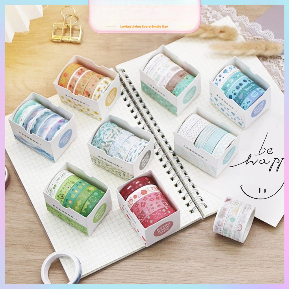 

[DOTDING] Washi Tape Vintage Geometris 5 Rolls Set - Motif Retro & Perekat Reusable untuk DIY Journal Anak Perempuan Q045