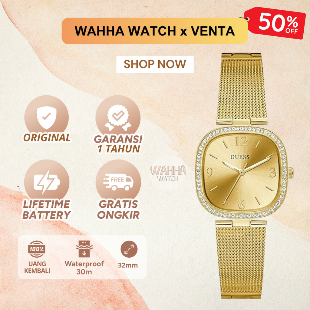 Jam Tangan Guess Tapestry GW0354L2 - Gold Sunray Dial Mesh Strap [BERGARANSI]