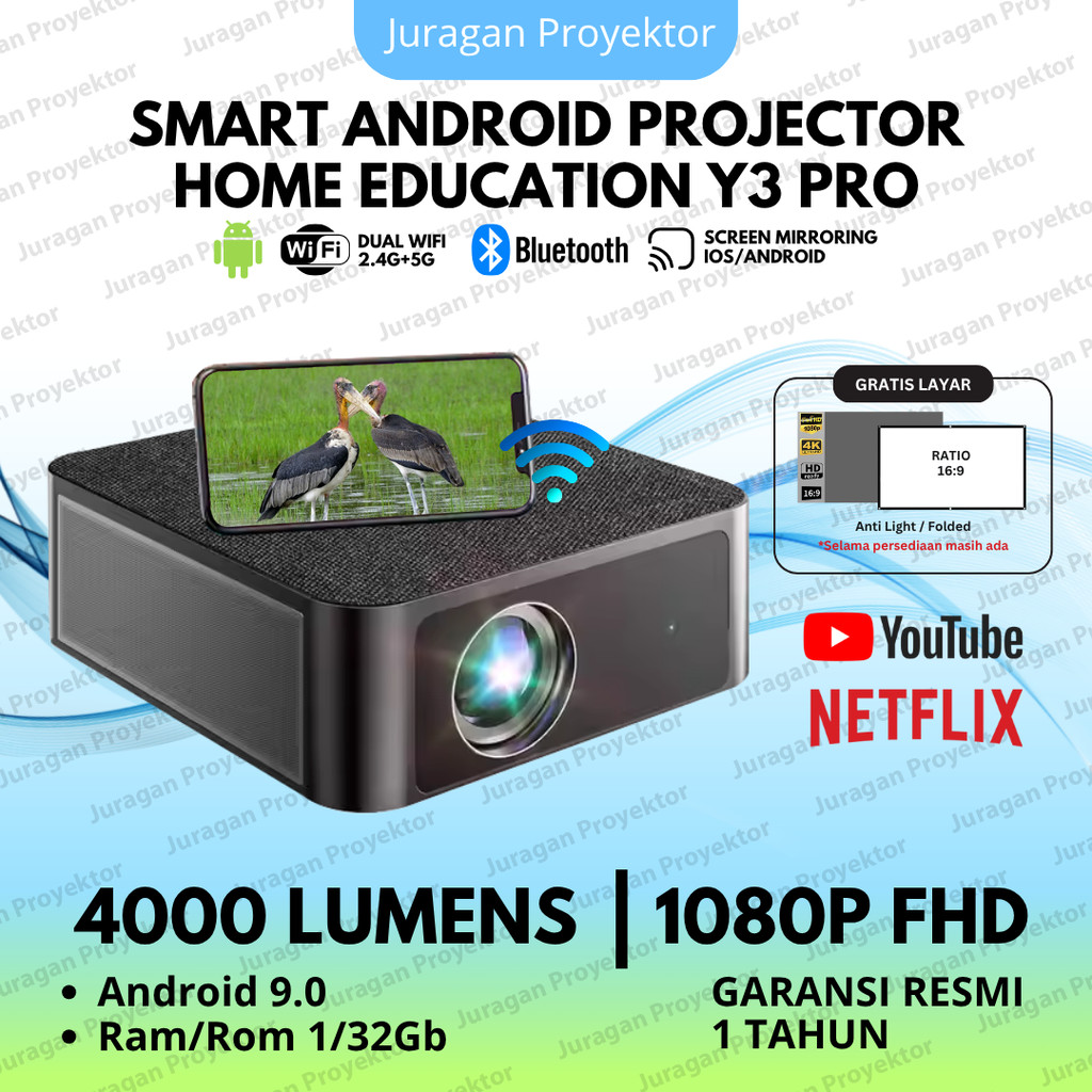 Smart LED Proyektor Y3 Pro Android 9.0 Wifi 4000 Lumens Proyektor Android Wifi Proyektor Android 4K