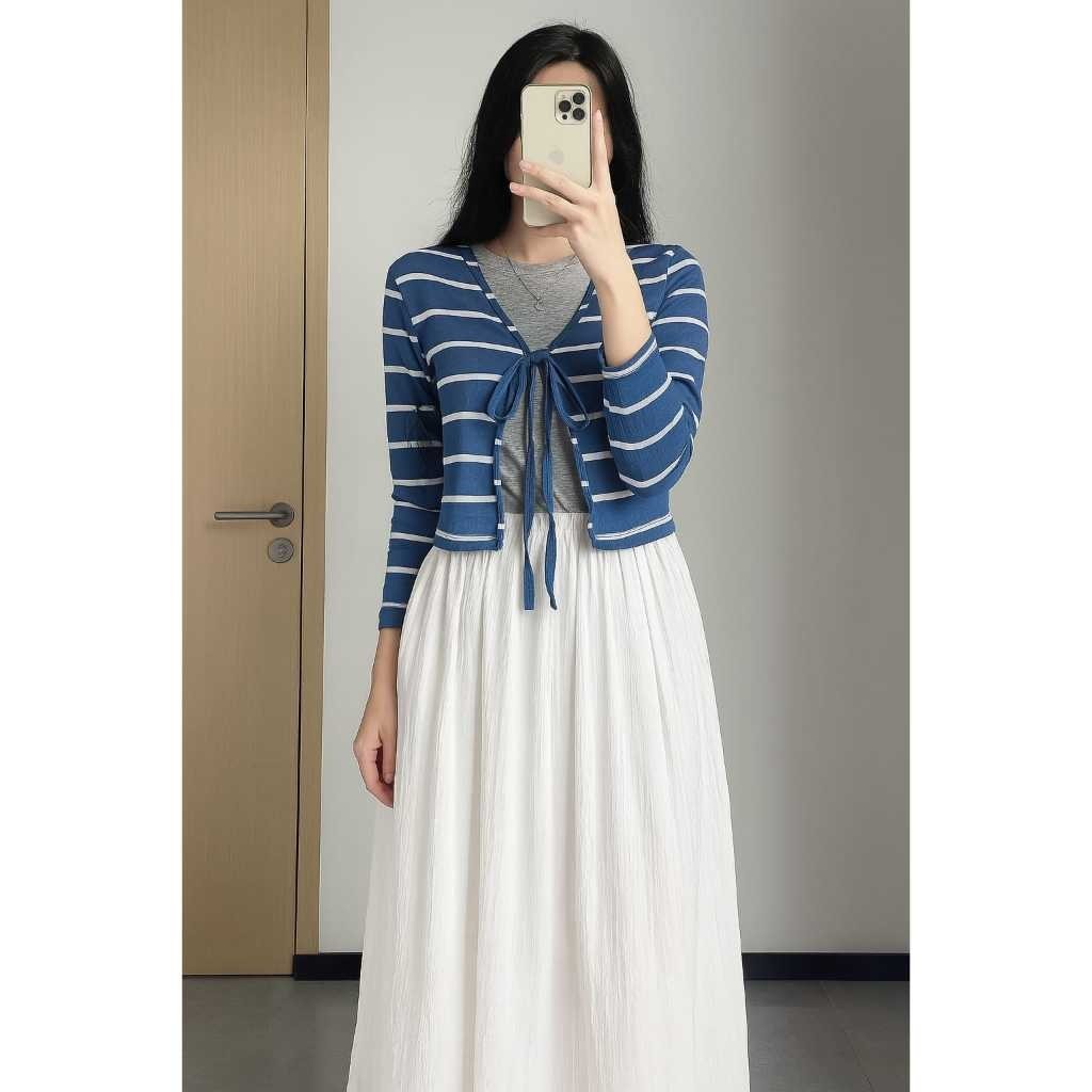 BEBENGKRIBBO - ZER CARDI RAKEL SALUR TALI LENGAN PANJANG STRIPE ATASAN ROMPI/ CARDI SALUR CEYOON Kni