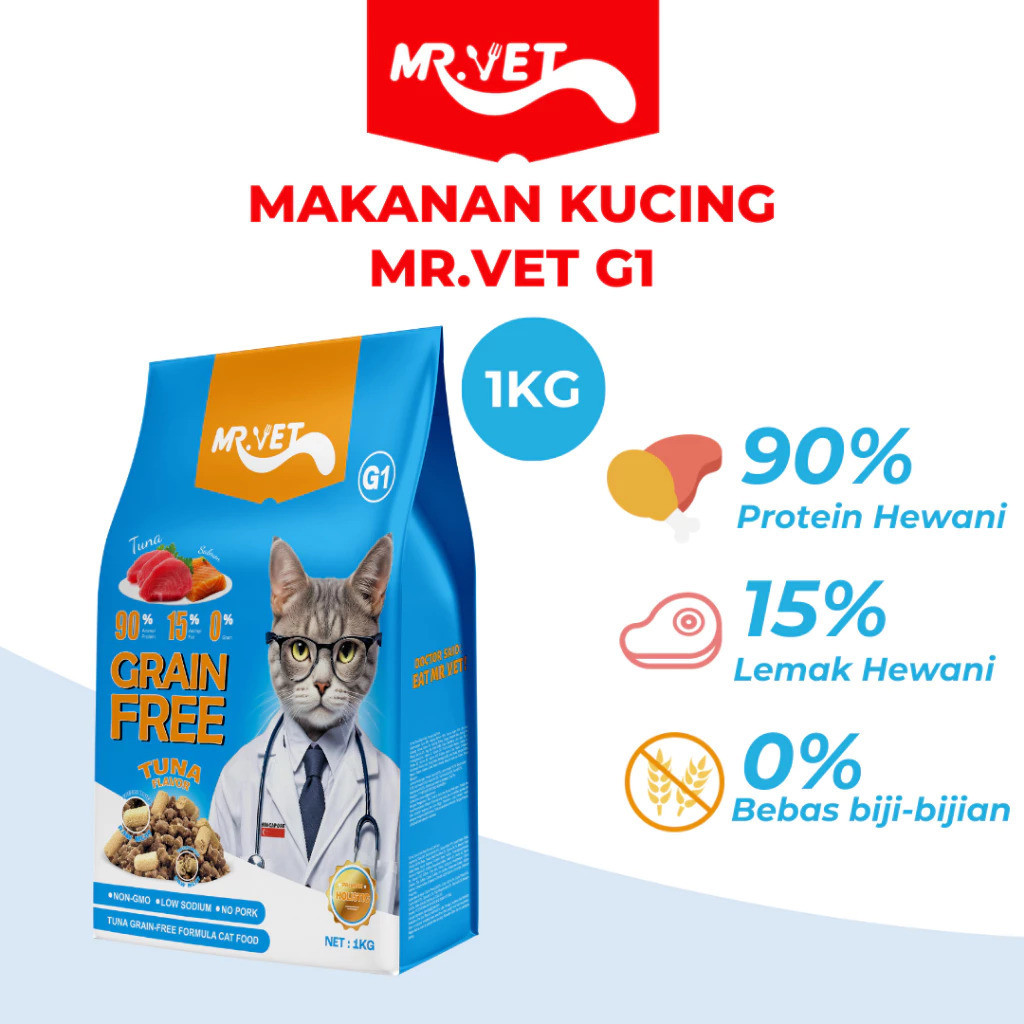 ZZ78UH Mr. Vet - Makanan Kucing Kering 1KG Mr Vet T2 Hair & Skin Care - Mr Vet T1 Digestion Care - M