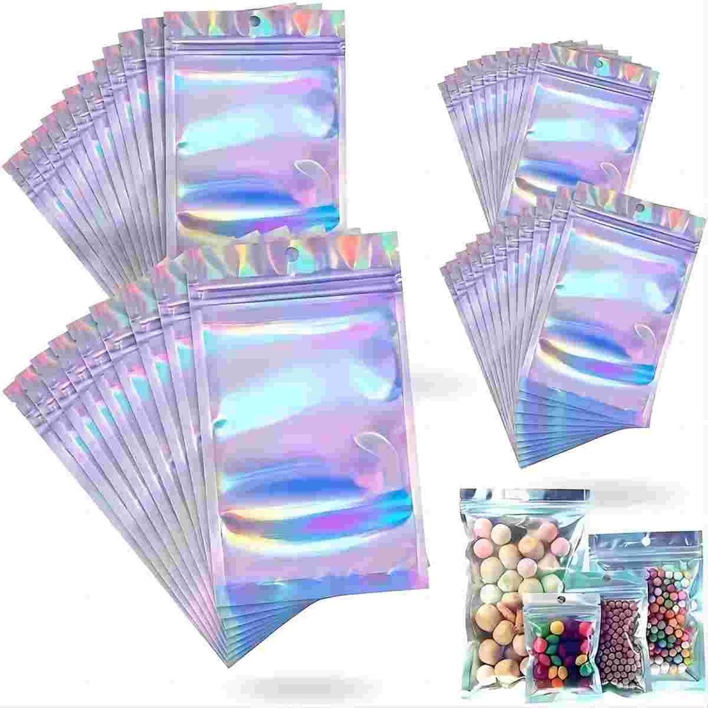 

100-piece holographic bag, multi-size laser rainbow pattern self-sealing bag, suitable for candy bag and front window samples