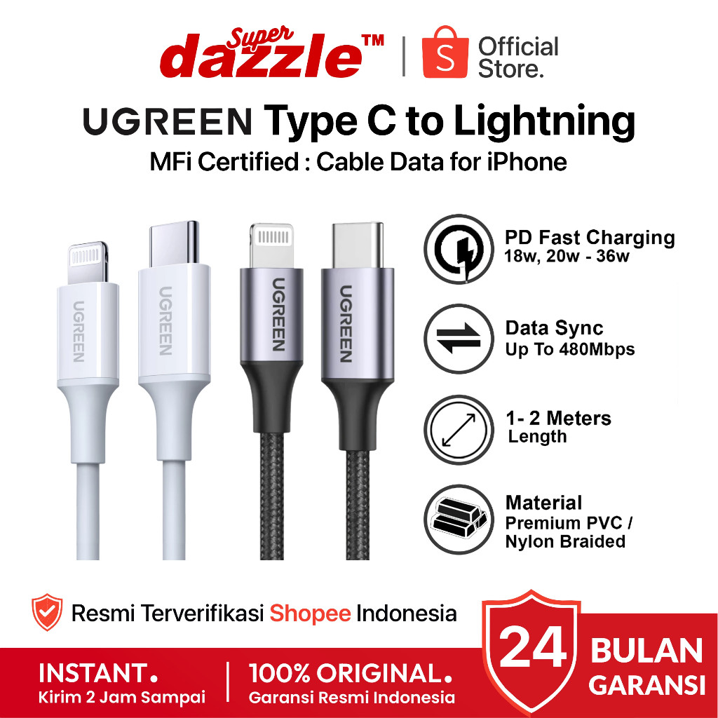 [ TERLARIS ] UGREEN Kabel Data iPhone Original 100% Type C to Lightning MFi PD 20W 30W 36W Original 