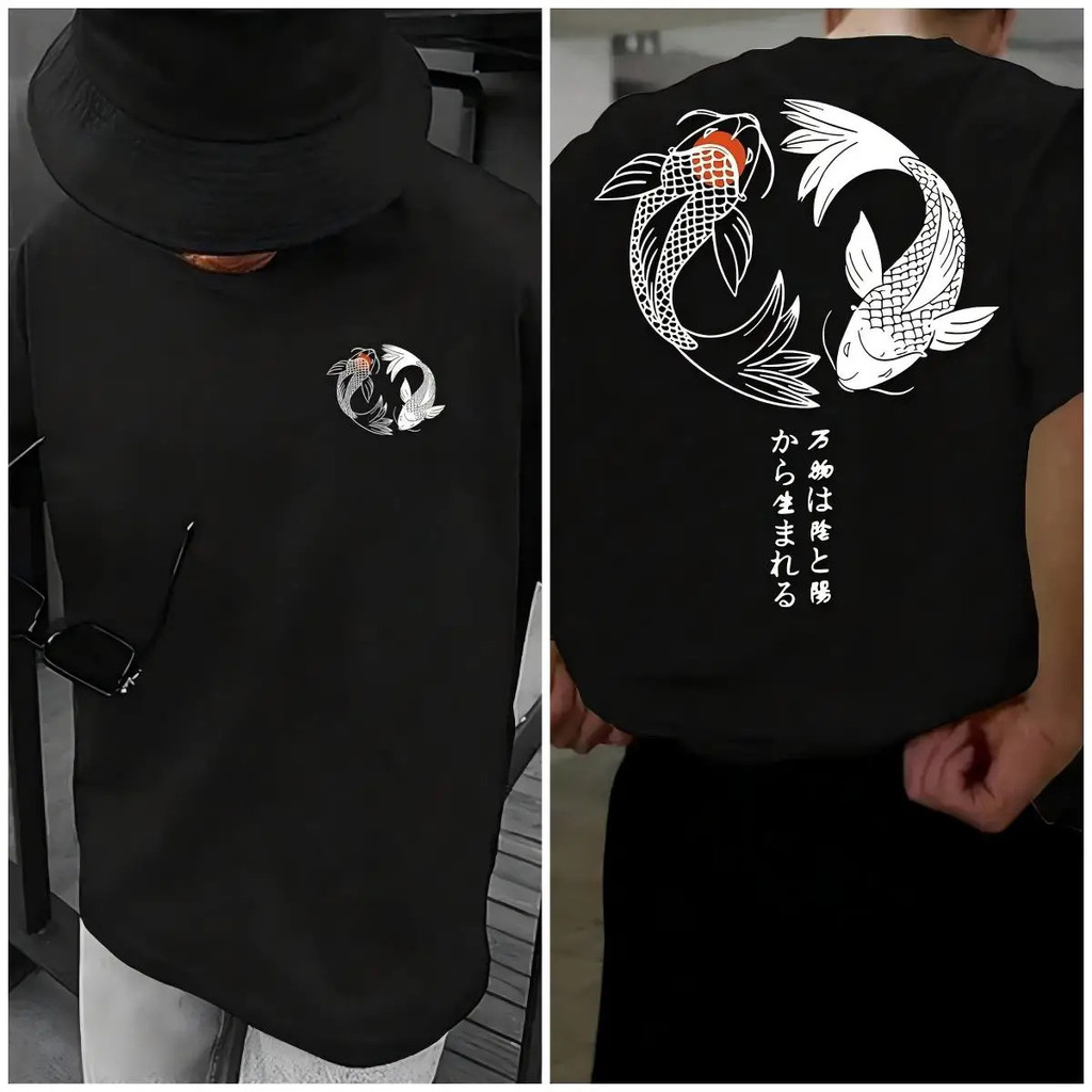 Kaos Pola Ilustrasi Koi Jepang Harajuku Pria Musim Panas Santai Kaos Lembut Fashion Lengan Pendek Lo