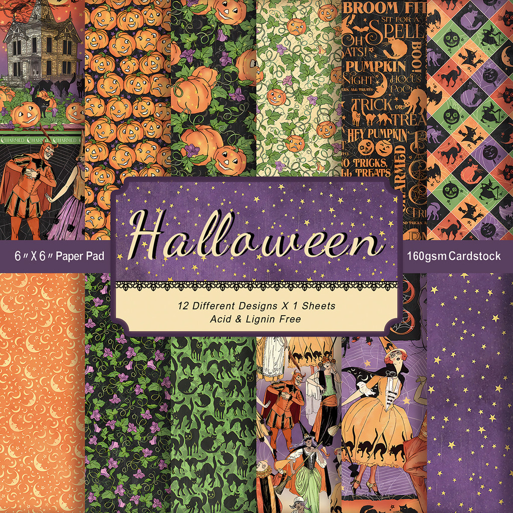 

12Sheets Large Size Retro Charming Halloween Collectible Paper Kit Halloween Scrapbook Paper Pad for Journaling DIY Arts, Crafts