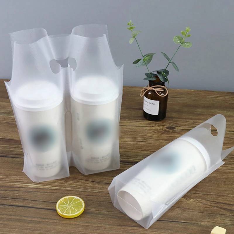 

100PCS Plastic Coffee Tote Bags Wholesale Customized Disposable Portable Single Double Cup Drinking Bag with Handle for Business