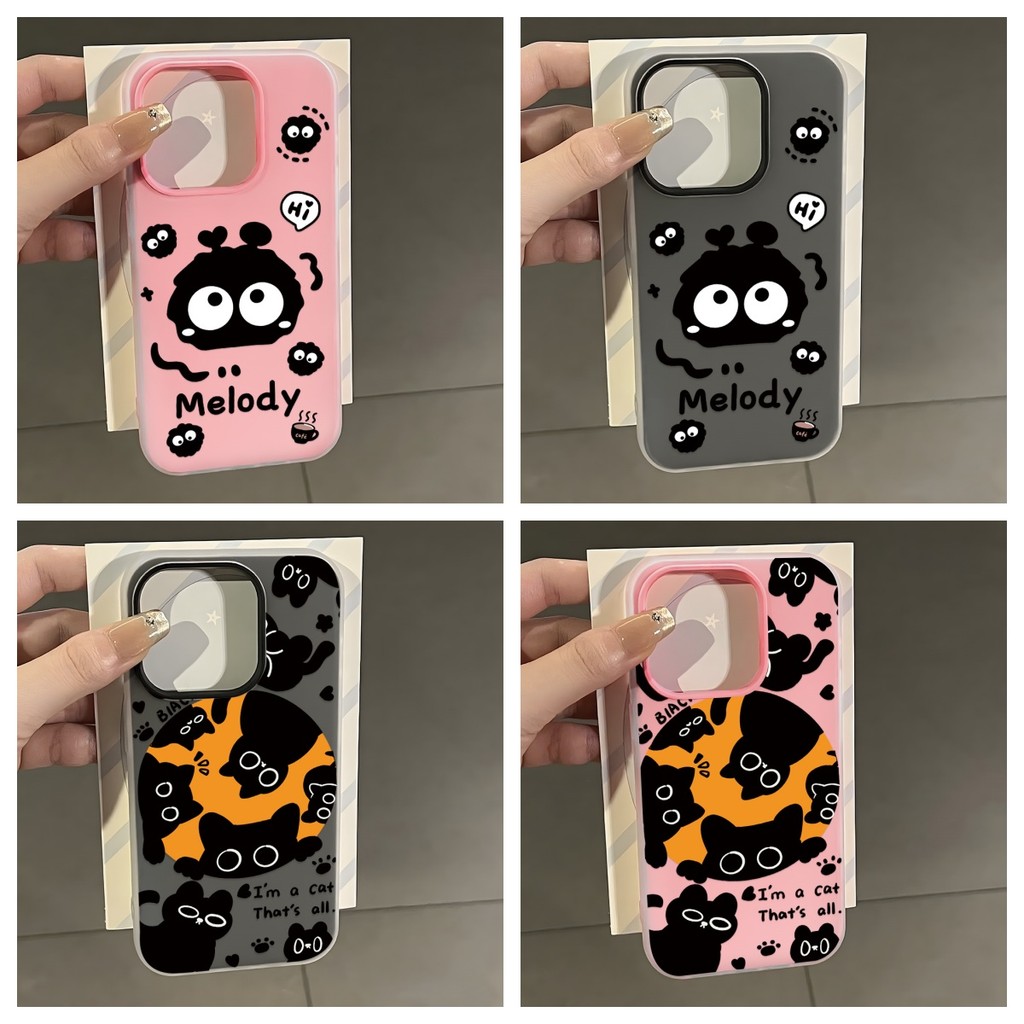 Bola Batu Bara Hitam Dan Anak Kucing Casing Untuk 16 Pro Max 15 14 Pro 13 Pro Max 12 Pro Max 2-in-1 