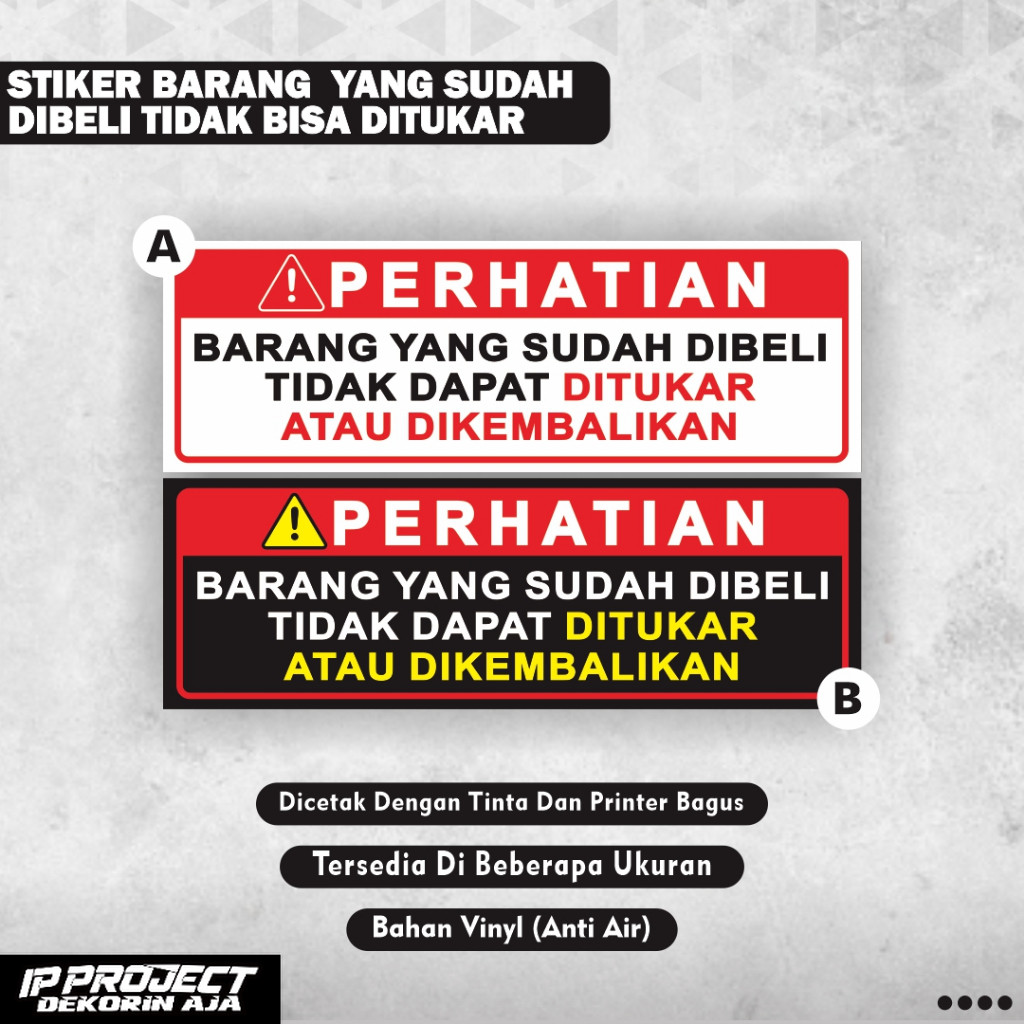 

Stiker Barang yang sudah dibeli tidak dapat ditukar / Stiker Barang yang sudah dibeli tidak dapat dikembalikan / Stiker produk tidak dapat ditukar