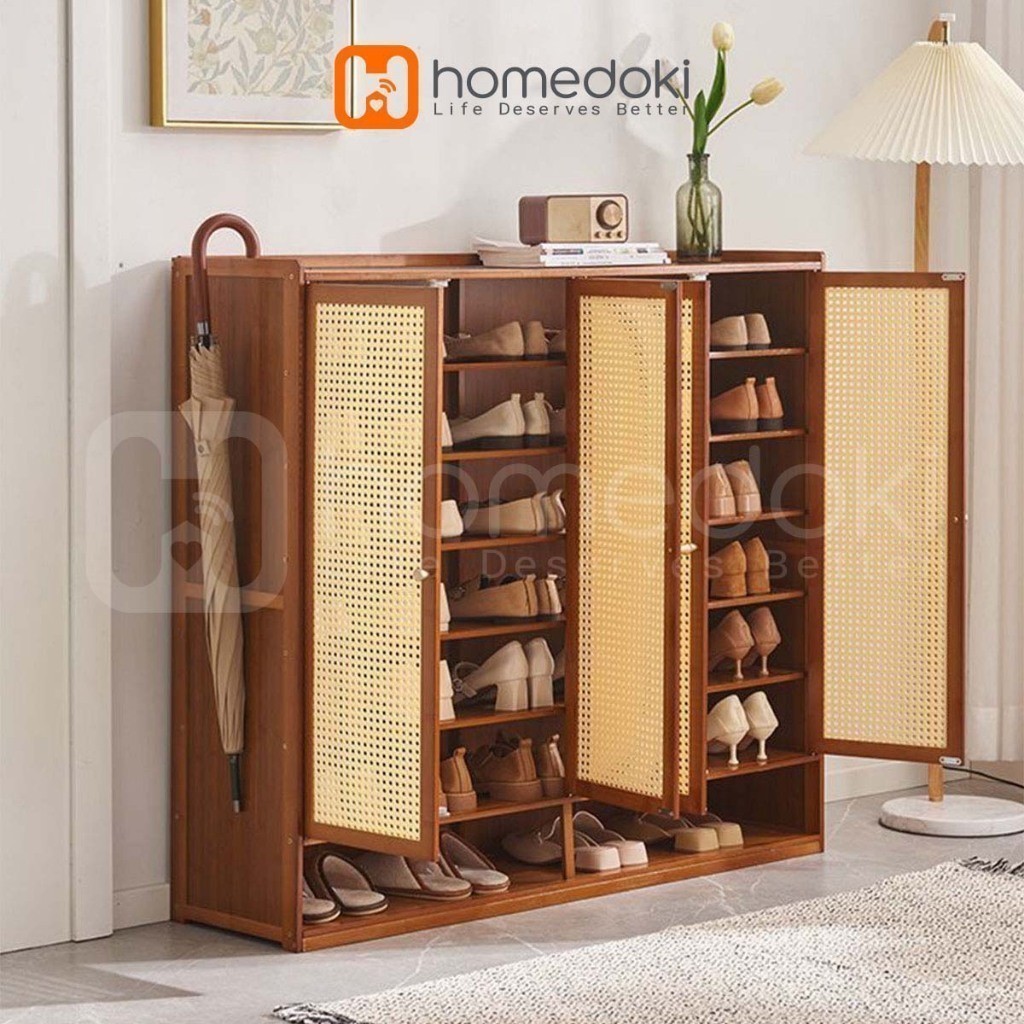 Homedoki Lemari Sepatu Rotan/Lemari Sepatu Kayu Minimalis/Lemari Sepatu Tertutup Serbaguna/Rak Sepat