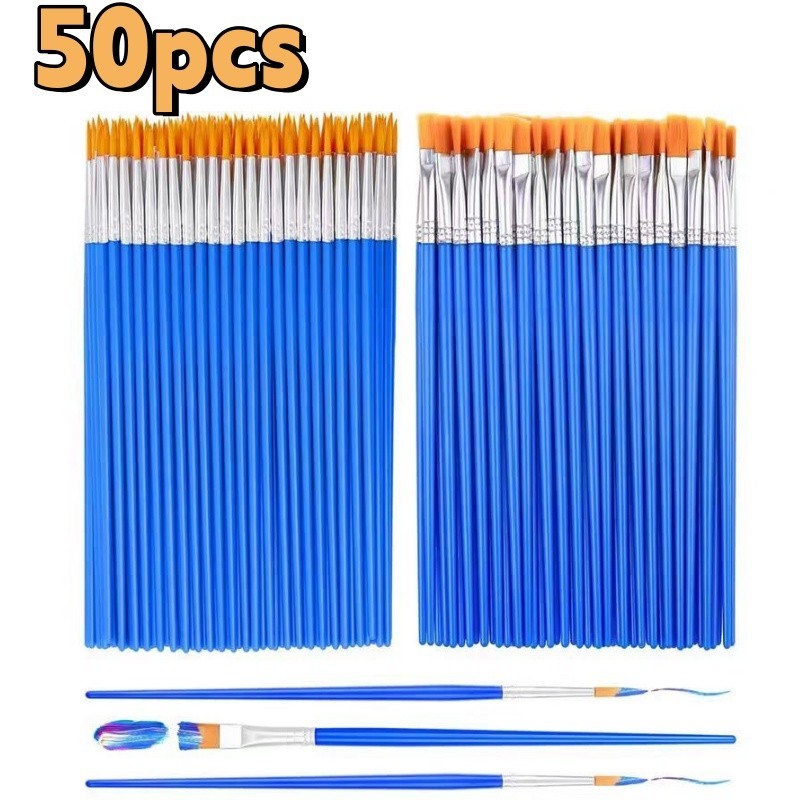 

50 pcs, Set Kuas Akrilik Ujung Datar, Kuas Artis Bulu Nilon, Kuas Cat Air Biru