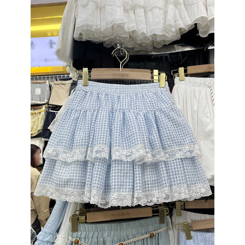 Rok Wanita Jumbo Import Lace Gaun Prancis Pesta Mewah Elegan Tutu Kotak-Kotak