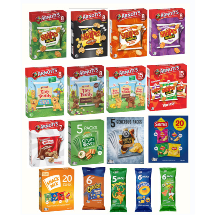 

Arnotts shapes, tiny teddy ,choc chip, smiths potato chips, red rock deli, sunbites grainwaves, jumpy's cheezels, cheetos cheese and bacon, chickadees sharepack multipack snack dari australia