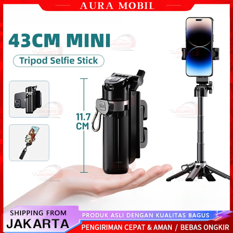Tripod Tongsis Mini 43CM Phone Grip Extendable Selfie Stick Bluetooth Remote Control 3IN1 -Aura Mobi