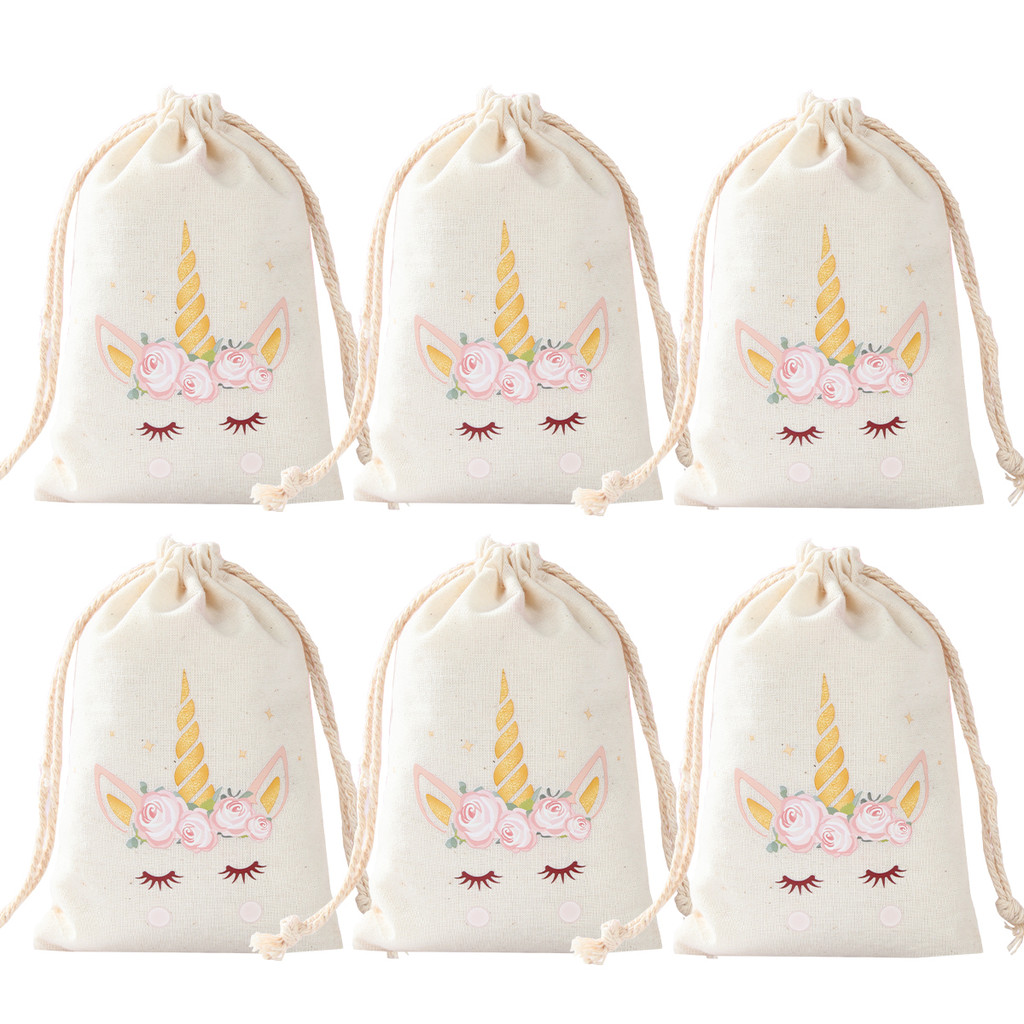 

6pcs Unicorn Cotton Linen Gift Bags Unicorn Birthday Party Decoration Kids Wedding Party Favor Bag Baby Shower Gift Bag