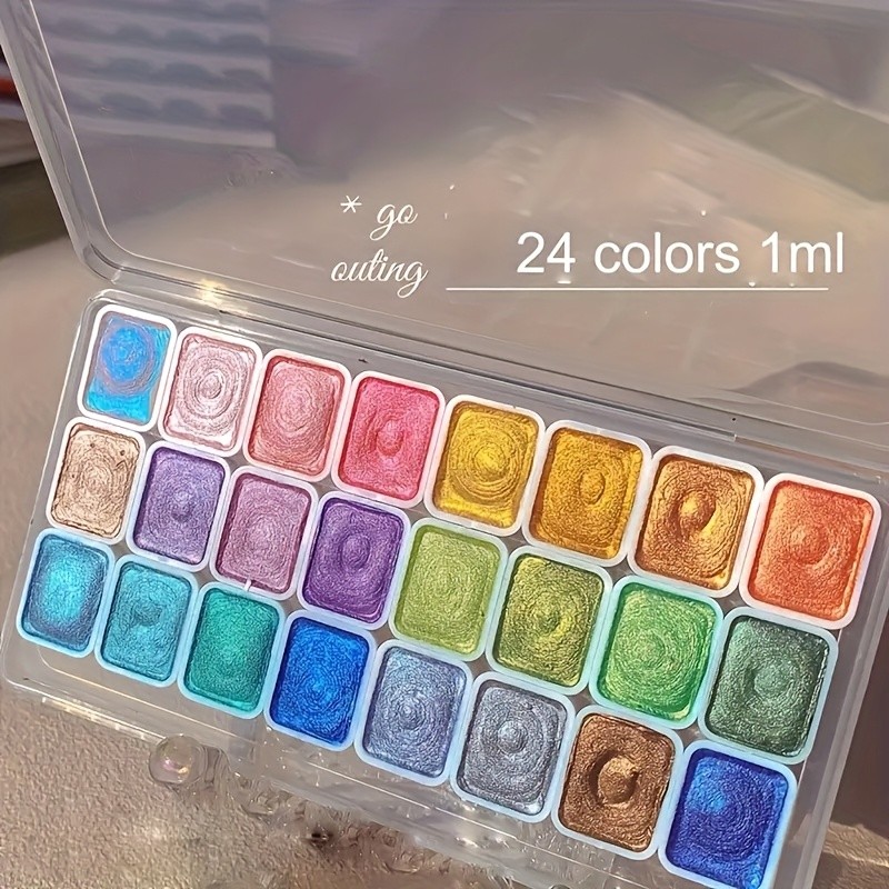 

A Set of 24 Colors of Pearl Watercolor Paints - Solid Metallic Glitter Palette for Artists, Non-Toxic Japanese Gradient