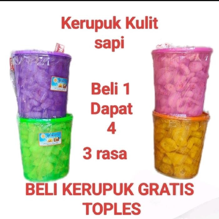 

KERUPUK/jangek kulit sapi toples 4 liter dapat 4 toples dengn 3 varian rasa. Camilan Pedas Asin - dengan babble