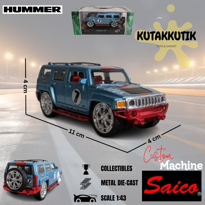 Mainan Miniatur Saico Diecast Mobil SUV Hummer H3 No 7 Biru Custom Machine Edition Skala 1:43