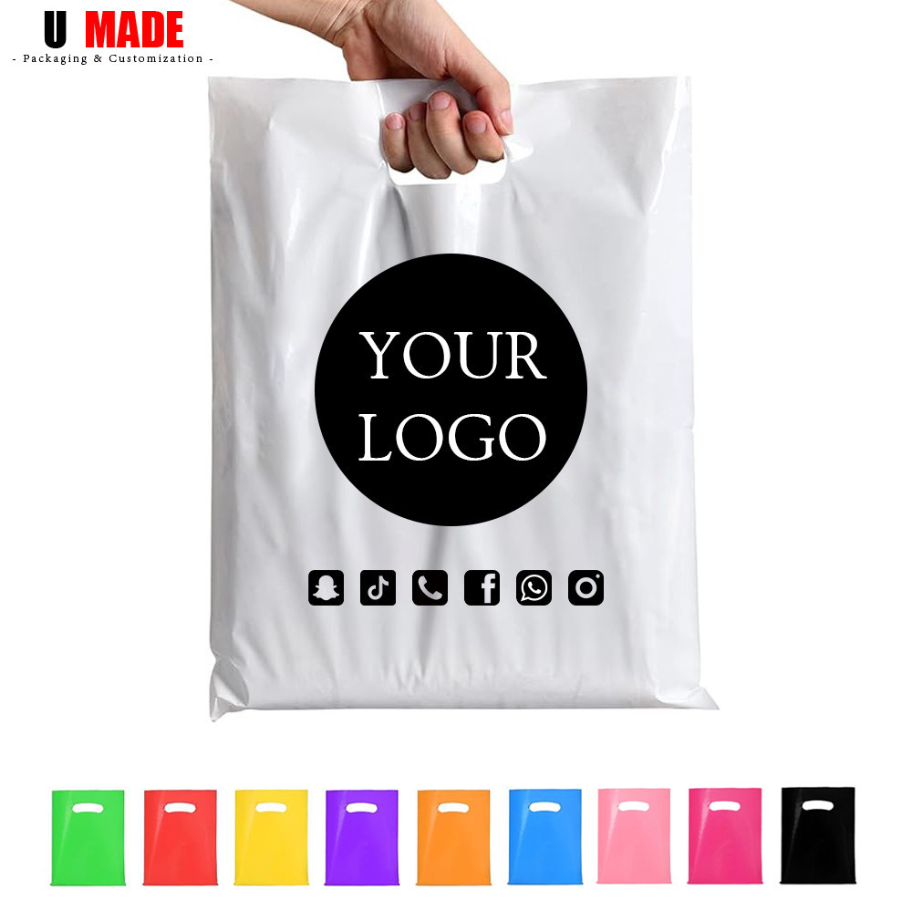 

100pcs Custom Plastic Shopping Bags with Logo Personalized Gift Bags for Small Business Boutique Retail Trade Shows Events Party