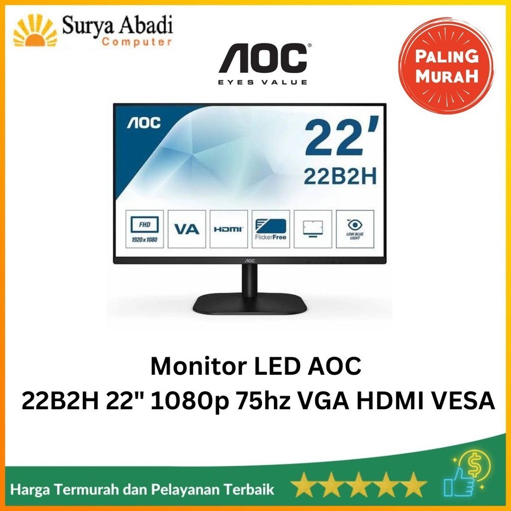 Monitor AOC 22 inch | Monitor LED AOC 22B2H 22" 1080p 75hz VGA HDMI VESA | Monitor 22 Inch