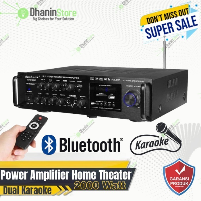 Power Amplifier Ampli Bluetooth Karaoke Home Theater Class D Stereo 2 Channel Sunbuck 2000 Watt