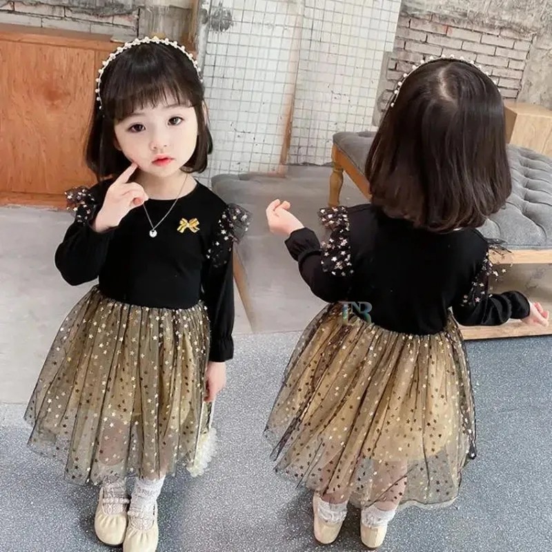 Dress Anak Perempuan Lengan Panjang Dengan Tutu Bling Bling Glitter Musim Semi dan Musim Gugur Gaun 